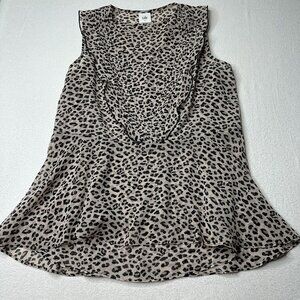 CAbi Womens Flutter Blouse Leopard Cheetah Print Ruffle Tank Size Small